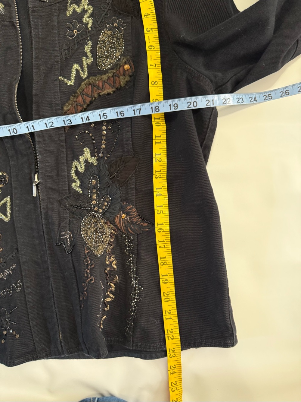 Chicos Black Embroidered & beaded Zip-Front denim Jacket size large (2) - Picture 11 of 13